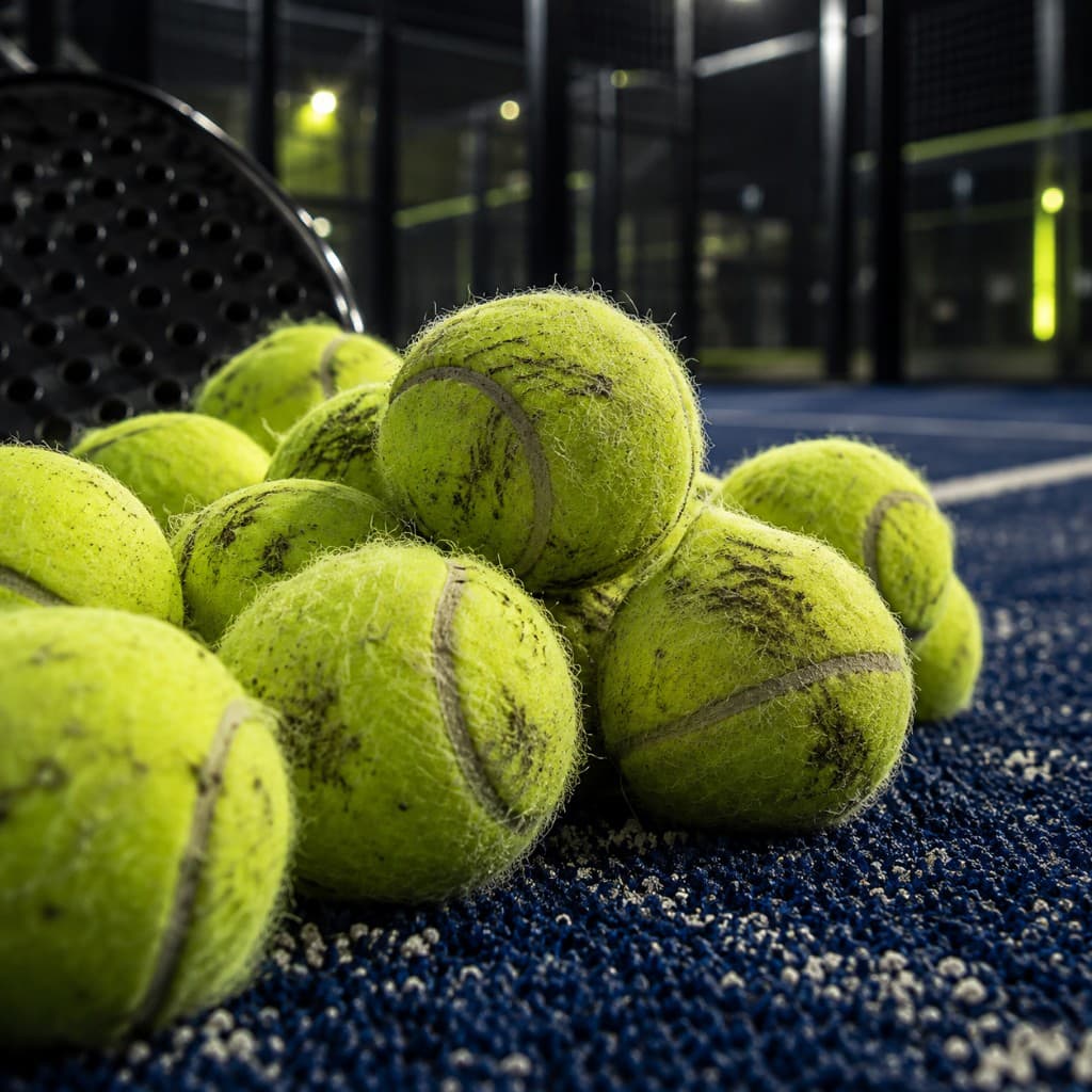Pelotas de pádel usadas apiladas sobre la pista, con una pala al fondo
