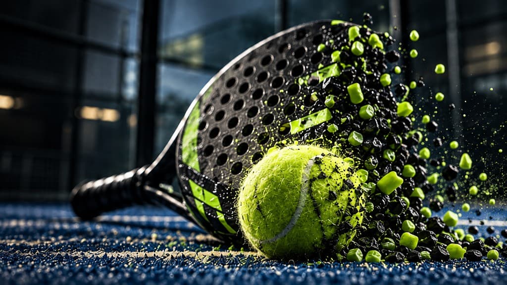 Raqueta y pelota de pádel sobre la pista, con fragmentos negros y verdes de material deportivo en suspensión