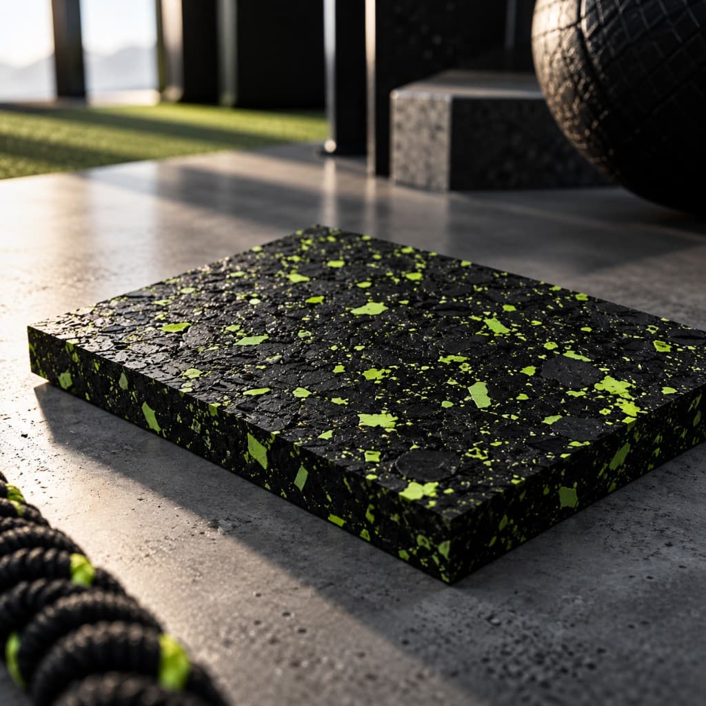Placa de material reciclado negro con virutas verdes, en un espacio de entrenamiento